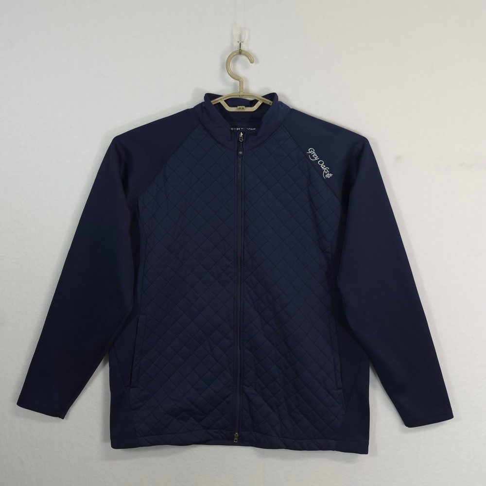 Harlestons Sport Jacket Mens XL Navy Blue Quilted Front Grey Oaks Tailored Fit